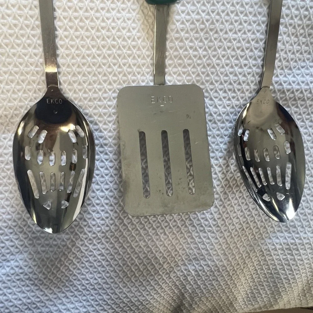 Vintage Ekco 3 Piece Utensil Stainless Steel Green Handles Slotted Spoon Spatula